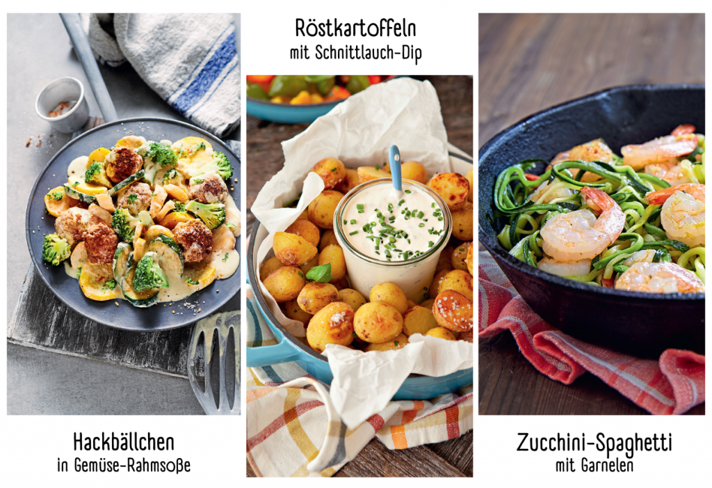 Die Rezepte für Zucchini-Spaghetti mit Garnelen, Kaiserschmarren mit Rosinen und Apfelmus, Röstkartoffeln mit Schnittlauch-Dip, Hackbällchen in Gemüse-Rahmsoße und eine Rindfleisch-Gemüse-Pfanne gibt es in der LandKind-Ausgabe 0622. In unserem Shop erhältlich.